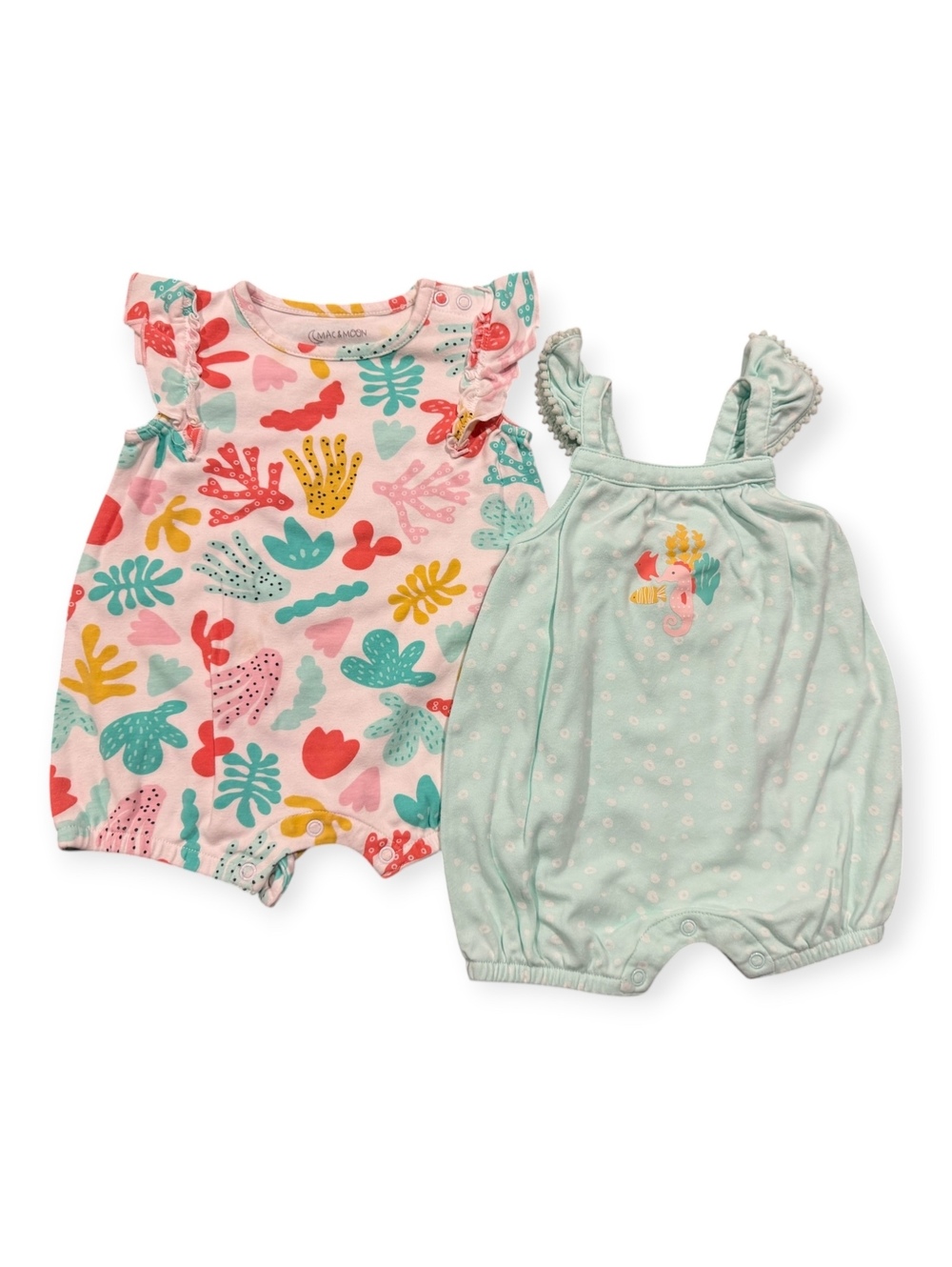 Mac & Moon Girls' 6M Cotton Romper Set, Colorful Print and Light Blue Polka Dot